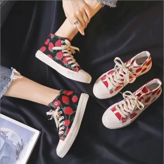 Canvas Shoes Vulcanized Shoes Flat Women Shoes Woman Printed Breathable 2020 Autumn New Strawberry Shoes Casual Shoes D359