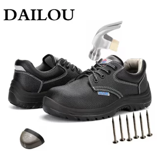 DAILOU Men Safety Steel Toe Shoes Toe Cap Anti-smashing Indestructible Protective Shoes Genuine Leather New Shoes Dropshipping