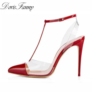 DorisFanny slingback heels pumps Red White Pointed toe t strap Clear high heels transparent heels women summer shoes