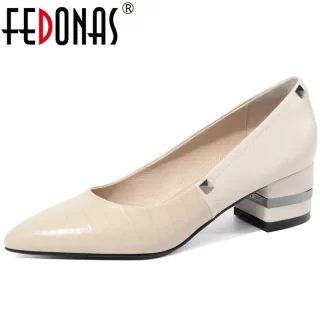 FEDONAS 2020 Fashion Women Thick Heeled Genine Leather Basic Pumps Spring Summer Square Toe Shoes Metal Decoration Shoes Woman