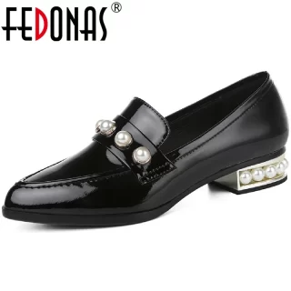 FEDONAS 2020 Round Toe Women Pearl Decoration Office Lady Pumps Spring Summer Shoes Thick Heels Patent Leather Shoes Woman