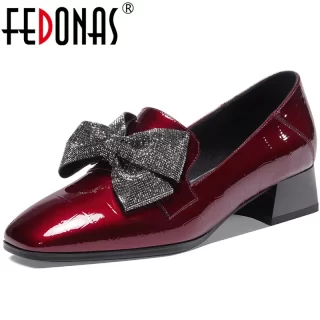 FEDONAS Butterfly Knot Women Cow Patent Leather Pumps Night Club Sexy Square Heels Pumps Shoes New Spring Cross Tied Shoes Woman