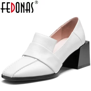 FEDONAS Classic Women Square Toe Casual Wedding Pumps Spring Summer Square Heels Shoes Genuine Leather New Arrival Shoes Woman