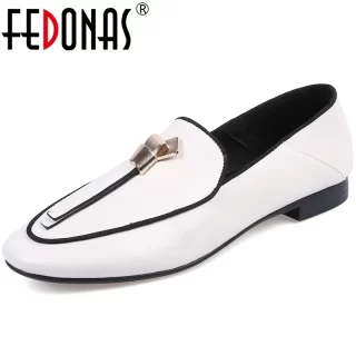 FEDONAS Concise Genuine Leather Women Loafers Metal Decoration Low Heels Pumps 2020 Summer Female Casual Working Shoes Woman