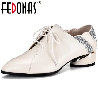 FEDONAS Elegant Gelitters Pointed Toe Women Shoes Genuine Leather High Heels Pumps New Fashion Wedding Cross Tied Shoes Woman