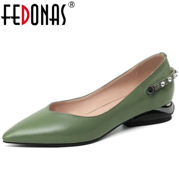 FEDONAS Euro Style Concise Women Cow Leather Shoes Solid Color Casual Office Rhinestone Low Heel Pointed Toe Shallow Shoes Woman