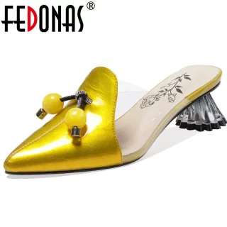 FEDONAS Genuine Leather Pointed Toe Women Mules Concise Sexy High Heels Pumps 2020 Spring Summer Dancing Wedding Shoes Woman