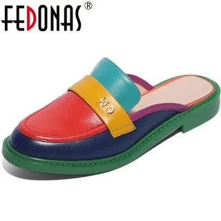 FEDONAS Genuine Leather Round Toe Women Mules 2020 Summer Slingbacks Low Heels Sandals For Lady Casual Working Shoes Woman Heels