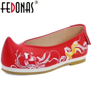 FEDONAS New Arrival Women Wedding Prom Pumps Spring Summer Round Toe Shoes Embroider Flowers Retro High Quality Shoes Woman
