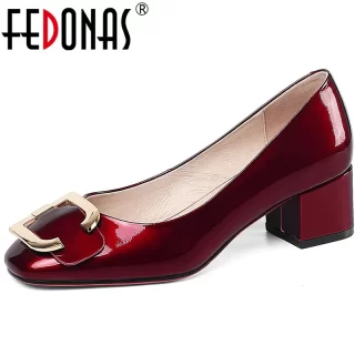FEDONAS New Brand Women Retro Party Square Heels Pumps Spring Summer Metal Decoration Shoes Patent Leather Shoes Woman