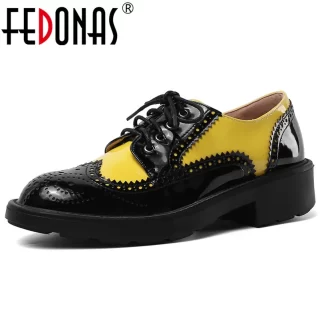 FEDONAS New Quality Patent Leather Cross Tied Women Pumps Shallow High Heels Spring Summer Brogue Shoes Party Office Shoes Woman