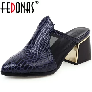 FEDONAS New Splicing Mesh Women Shoes Concise Brand Night Club Pumps Spring Summer Show Off Mules Sexy Thick Heeled Shoes Woman