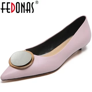 FEDONAS New Women Cow Leather Concise Wedding Casual Shoes Metal Decoration Pointed Toe Thin Heel Shallow Slip-On Shoes Woman