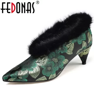 FEDONAS Prints Silk Women Warm Pumps Fashion High Heels Party Prom Shoes Woman 2020 Newest Shallow Big Size Ladies Elegant Shoes