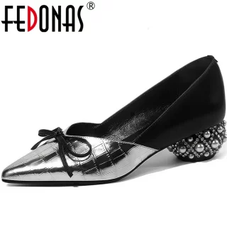 FEDONAS Top Quality Women Glitters Butterfly Knot Party Pumps Party Summer Spring Strange Pearl Heeled Slip On Shoes Woman