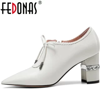 FEDONAS Women Cow Leather Prom Pumps Spring Summer Shallow Rhinestone Shoes New Arrival Square Toe 2020 Fashion Shoes Woman