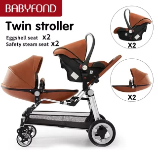 Fast shipping ! Luxury twins stroller aluminum frame leather twin pram baby can sit and lying with car seat double stroller