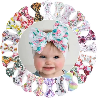 Flower Print Baby Headband with High Elastic Soft White Wide Nylon Band for Bebe Girls Big Bow Knot Toddler Headwrap Accessories