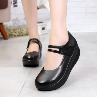 GKTINOO Women Genuine Leather Shoes Casual Wedge Shoes Ankle Straps Shallow Mouth Shoes Platform Soft Sole Lady Swing Shoes