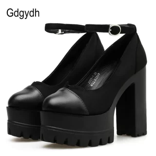 Gdgydh Spring Autumn Round Toe Women Pumps Flock Thick High Heeled Female Single Shoes Ankle Strap Buckle Platform Ladies Shoes