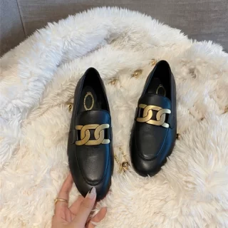 Genuine Leather Single Shoes Slip on Chain Dec Loafers Zapatos De Mujer 2020 Round Toe Lazy Shoes Flats Desginer Luxury Brand