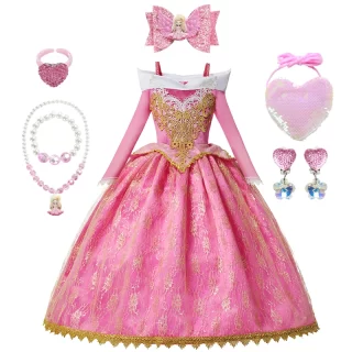 Girls Sleeping Beauty Aurora Dress Long Sleeves Off Shoulder Lace Robe Kids Gorgeous Christmas Gift Fancy Princess Party Outfits