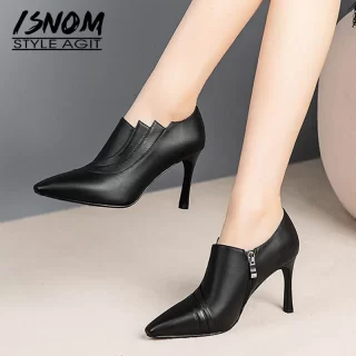 ISNOM Thin Heels High Pumps Women Zip Cow Leather Pumps Office Shoes Female Fashion Pointed Toe OL Shoes Women Autumn 2019 New