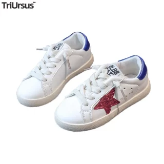 Kids Boys Girls Sequins Star Sneakers Lace Up Paillette White Children Student Shoes Rubber Sole Bling Fashion Toddler Trainers