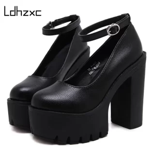 LDHZXC 2020 new spring autumn casual high-heeled shoes sexy ruslana korshunova thick heels platform pumps Black White Size 42