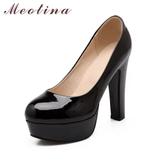 Meotina Women Shoes Plus Size 45 46 High Heels Pumps Platform Shoes Round Toe Slip On Party PumpsBlack Pink zapatos mujer tacon