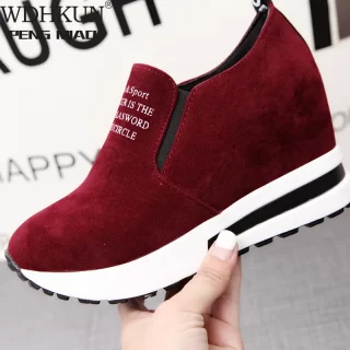 New Flock High Heels Lady Casual Black Red Women Sneakers Leisure Platform Shoes Slip-On Breathable Height Increasing Shoes