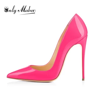 Onlymaker Women's Shoes 8 10 12CM Pointed Toe Fashion Thin Heels Pumps Red Pink Patent Leather Shoes Woman Big Size US5~US15