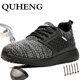 QUHENG 2020 Men's Outdoor Mesh light Breathable Safety Sneakers All Season Steel Toe Anti-smashing Protective Shoes Big Size 48