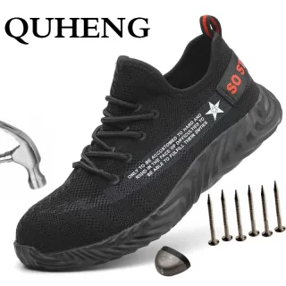 QUHENG Air Mesh Work Safety Boots Men Steel Toe Cap Breathable Ultra-light Soft Bottom Comfort Puncture-Proof Sneakers