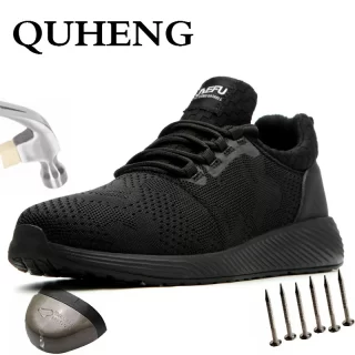 QUHENG Breathable Mesh Work Shoes Steel Toe Anti-smashing Puncture-Proof Men and Women Ultra-light soft bottom Shoes Big Size 48