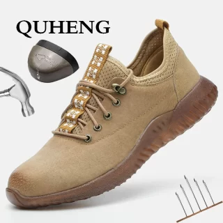 QUHENG Lightweight Breathable Men Safety Shoes Steel Toe Work Shoes for Men Anti-smashing Construction Brown Safety Shoe
