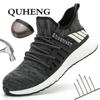 QUHENG Men Safety Shoes Boots Breathable Work Shoes Air Mesh Ultra-light Soft Bottom Casual Steel Toe Anti-smashing Outdoor 48