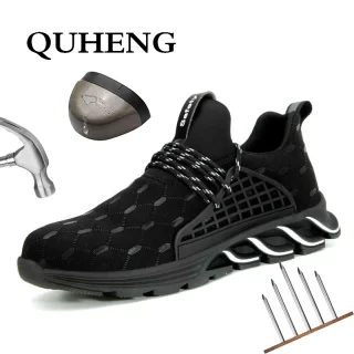 QUHENG Men Safety Shoes Boots Breathable Work Shoes Construction SafetyBreathable Mesh Deodorant Big Size Sneakers Free Shipping