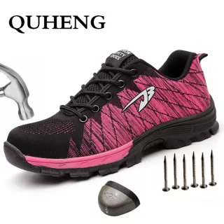 QUHENG Summer Breathable Safety Work Shoes Lightweight Steel Toe Anti-smashing New Men and Women Mesh Sneakers Free Shipping