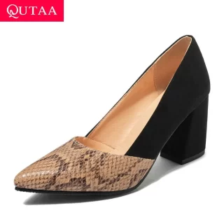 QUTAA 2020 Patchwork Snakeskin PU Flock Women Shoes Square Heel Fashion Women Pumps Pointed Toe Slip on Single Shoes Size 34-43