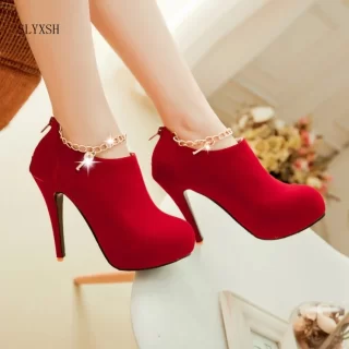 SLYXSH 2018 New Fashion Women Flock Pumps woman Round Toe super Thin High Heels Shoes ladies chain Zipper Pumps