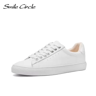 Smile Circle White Sneakers Women Genuine Leather Low-Heel Flat Platform Ladies Lace-Up Fashion White Shoes Women size 36-42