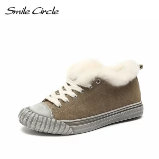 Smile Circle Winter Sneakers Women Suede Cow leather Fur warm Flat platform Shoes Women Lace-up Casual shoes
