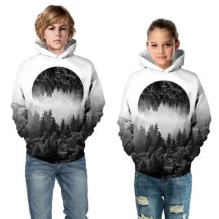 Teen Boys Girls Hoodies Harajuku Style Forest Fog Tree Flower Printing Children Hooded Sweatshirt Kids Clothes Pullover Clothing