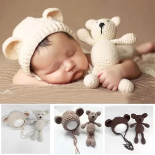 little Bear hat and doll Photo Props newborn photography baby crochet clothes boy accessories girl outfit